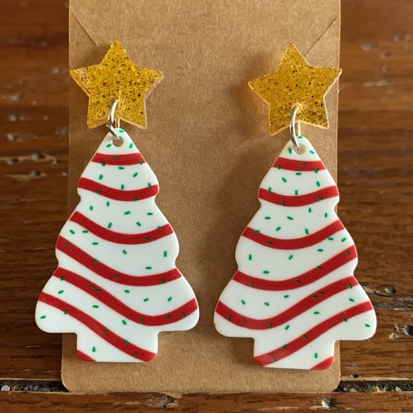 Snack Cake Christmas Tree Earrings with Glitter Gold Stars - Picture 2 of 4